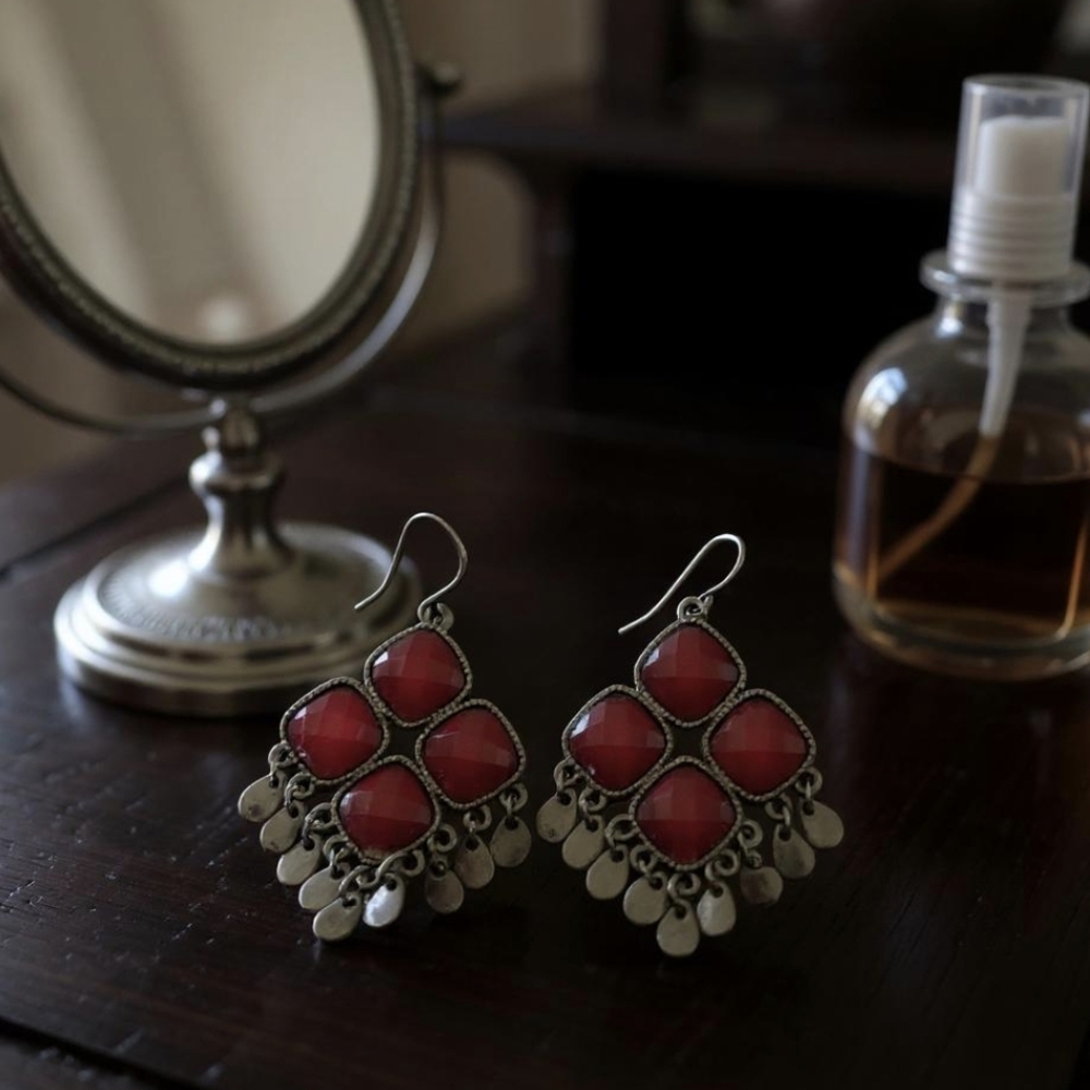 Gun Metal & Burgundy Stoned Chandelier Earrings